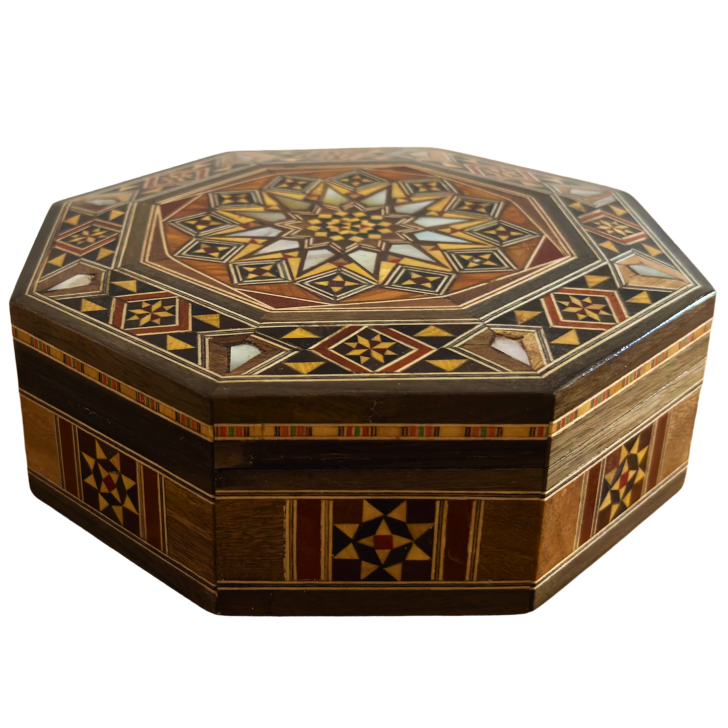 Elegante scatola ottagonale in mosaico damascato – Legno artigianale con intarsio in madreperla