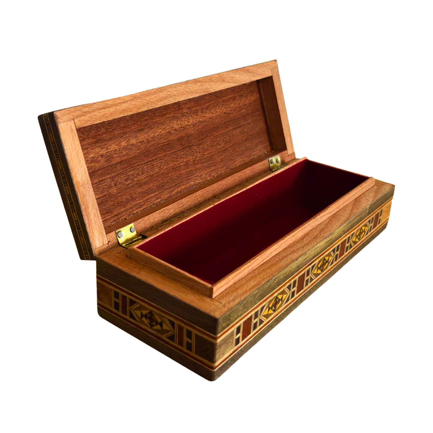 Langwerpige handgemaakte Damascene mozaïekdoos voor pennen en sieraden, parelmoer ingelegd, Syrisch oosters vakmanschap