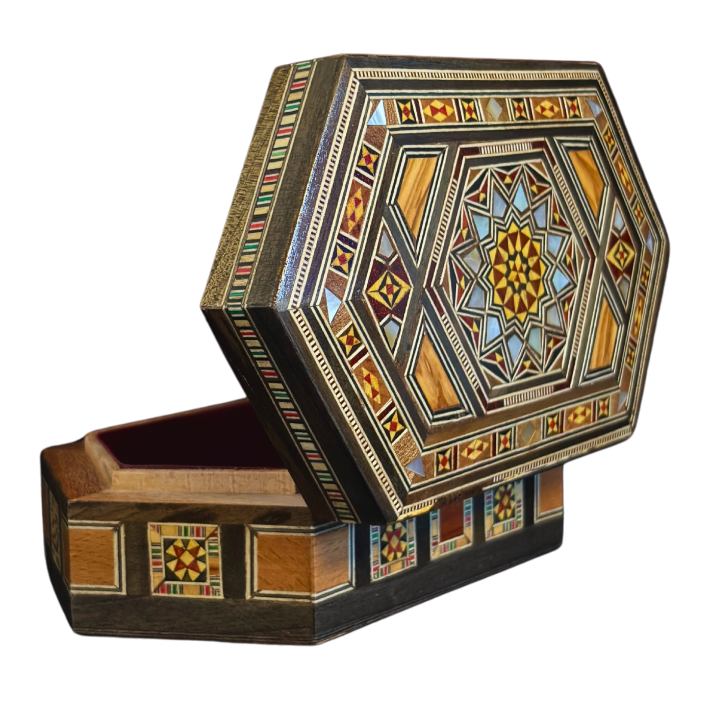 Handgemaakte Damascene Mozaïekdoos – Parelmoer & Fluweel