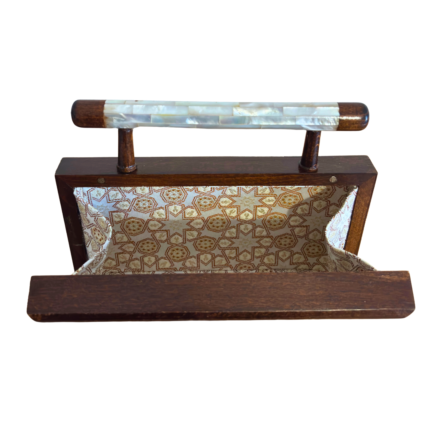 O Jardim dos Segredos – Bolsa Damasquina de Nogueira com Madrepérola Geométrica e Botânica