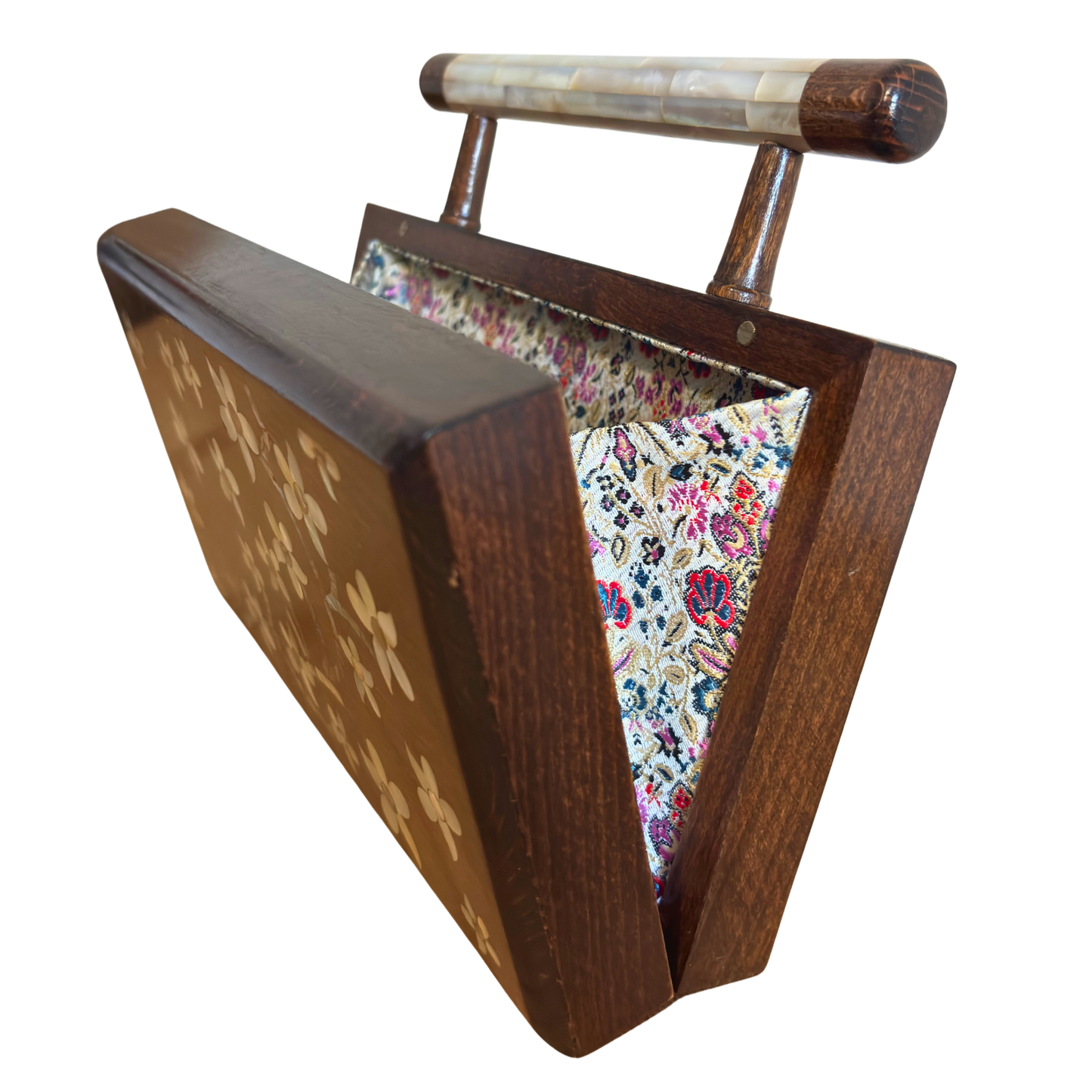 De Jasmijn van Damascus – Handgemaakte Clutch van Notenhout met Parelmoer en Brokaatvoering