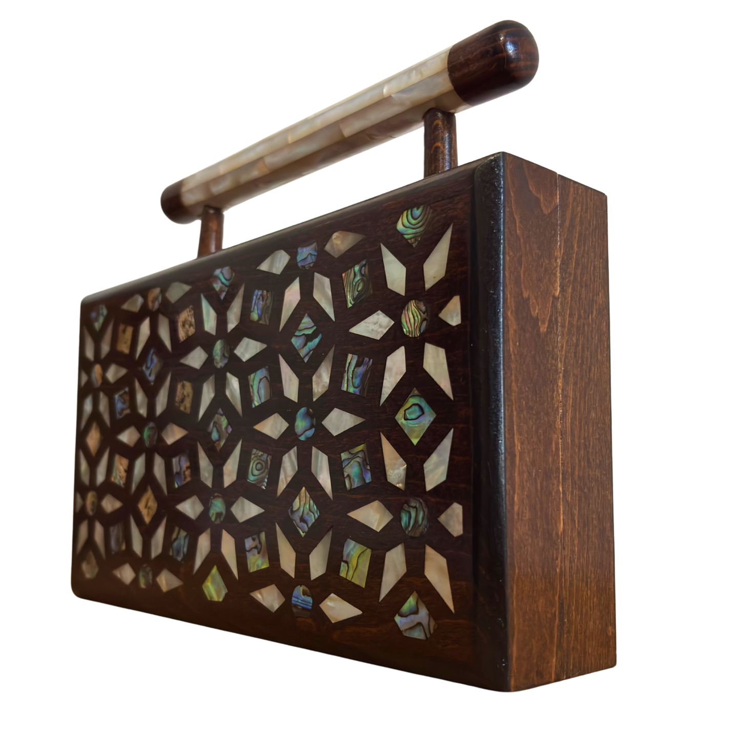 O Jardim dos Segredos – Bolsa Damasquina de Nogueira com Madrepérola Geométrica e Botânica