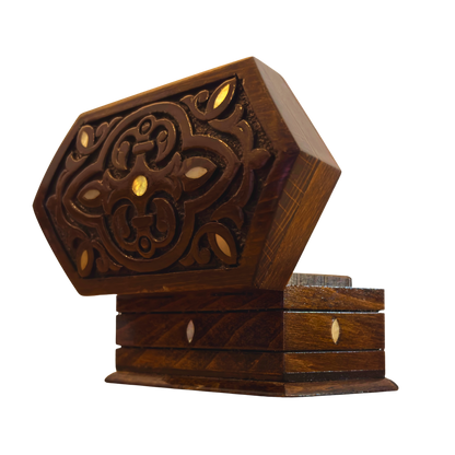 Handgesneden Beukenhouten Doos – Parelmoer & Fluwelen Binnenkant, Tijdloos Oosters Design