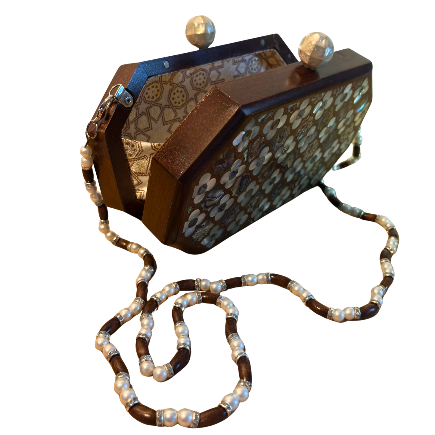 Jouri – Luxury Damascene Clutch with Mother of Pearl Rose Inlay & Pearl Rosary Chain