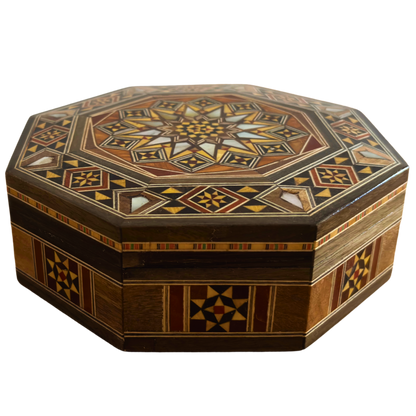 Elegante scatola ottagonale in mosaico damascato – Legno artigianale con intarsio in madreperla
