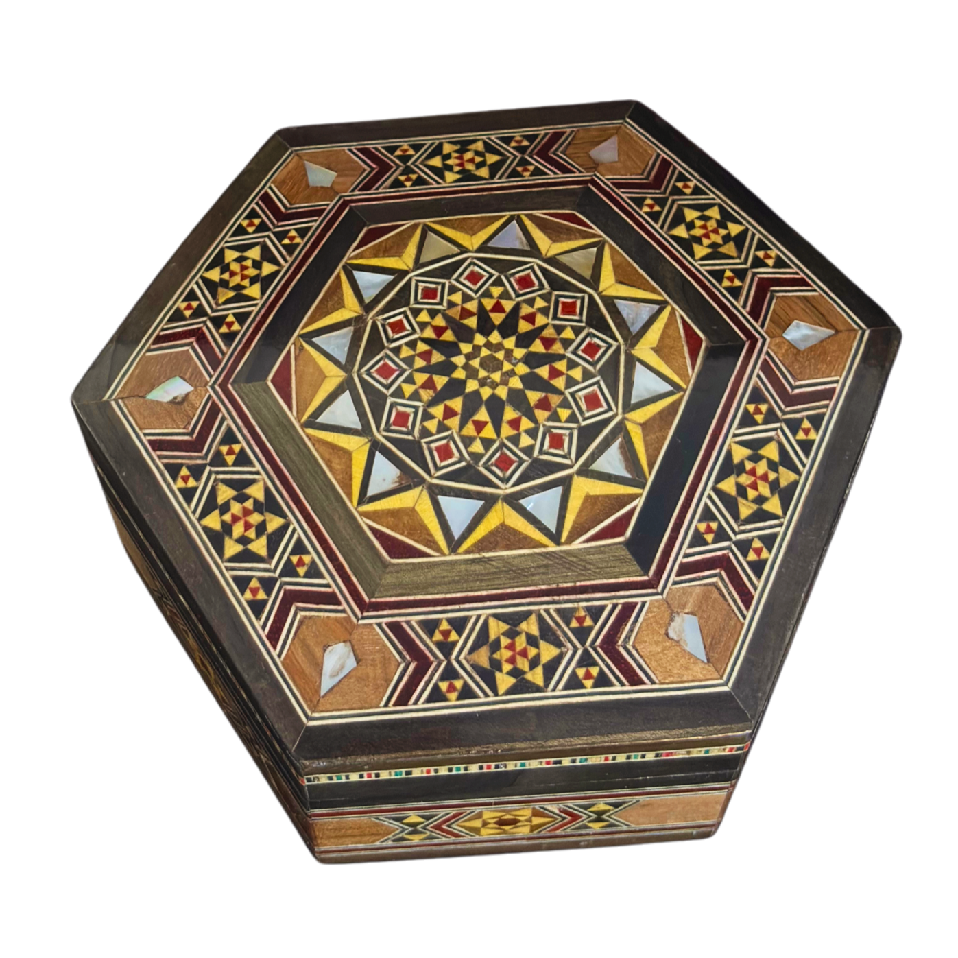 Handgemaakte Damascene Mozaïekdoos – Parelmoer & Fluweel