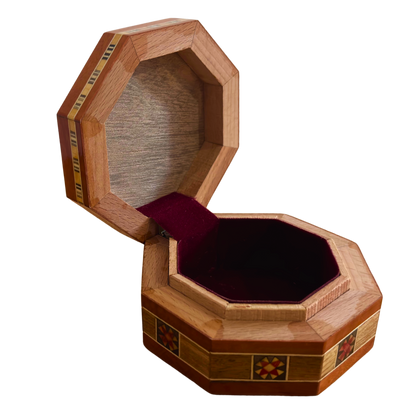Octagonale damasceense mozaïek sieradendoos – Handgemaakt hout met parelmoer inleg in warme rustieke terracotta