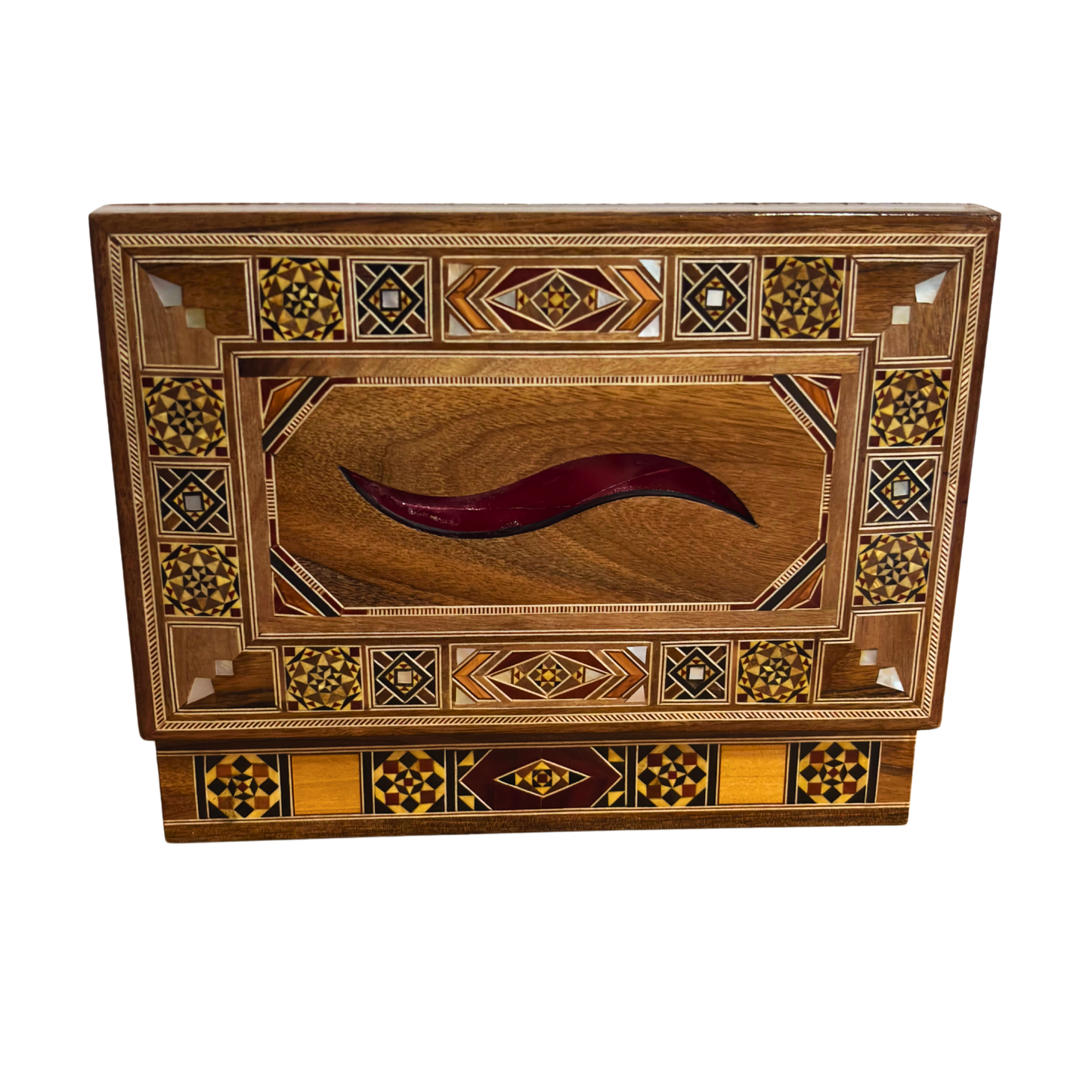 Elegant Damascene Mosaic Wooden Tissue Box – Mother of Pearl Inlay & Velvet Interior