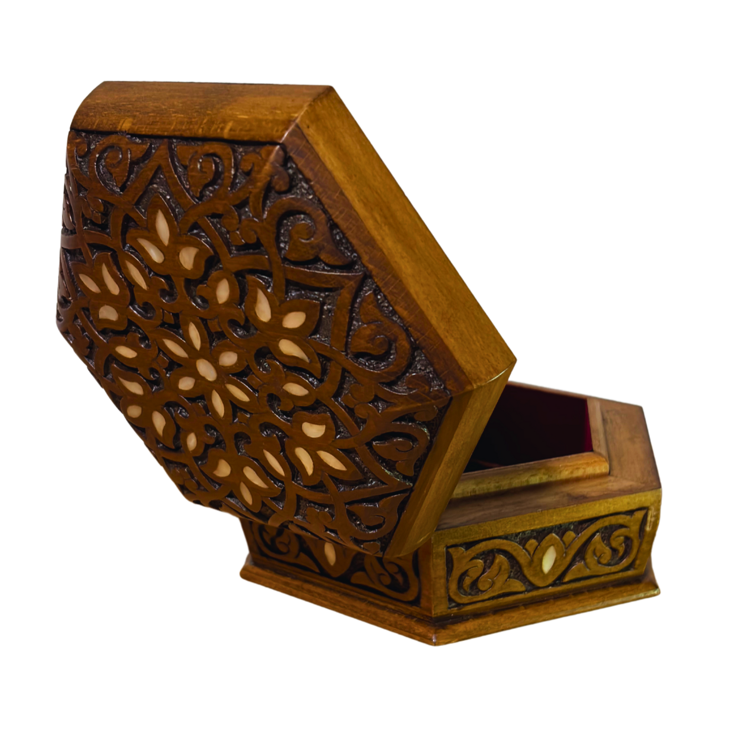 Handgesneden Luxe Doos uit Damascus – Parelmoer & Fluweel