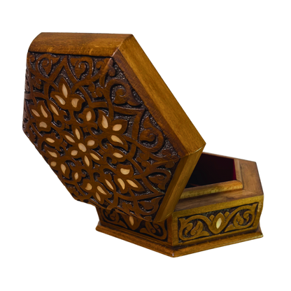 Handgesneden Luxe Doos uit Damascus – Parelmoer & Fluweel