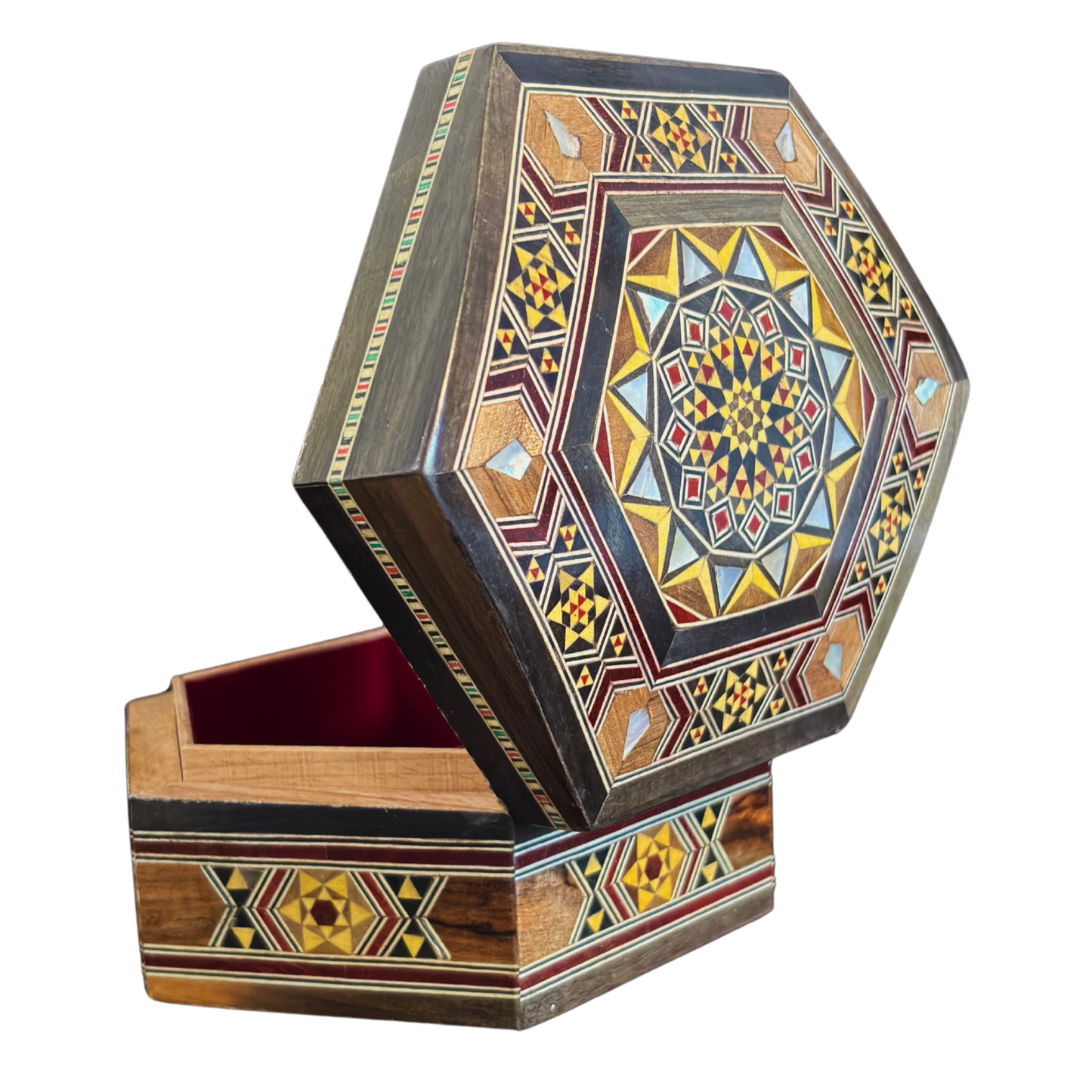 Handgemaakte Damascene Mozaïekdoos – Parelmoer & Fluweel