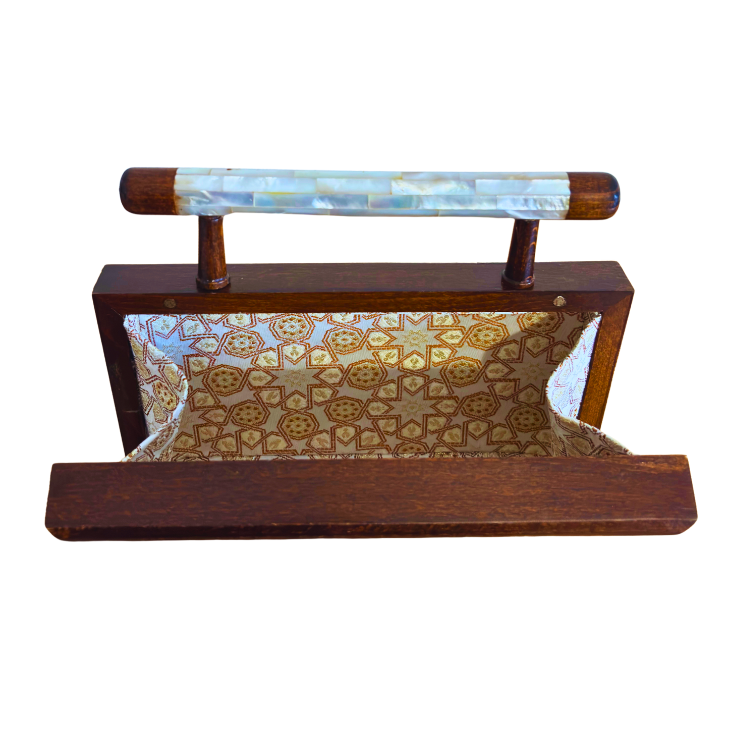 Zenobia – Pochette Damasquine de Luxe en Noyer avec Incrustations de Nacre & Intérieur Brocart