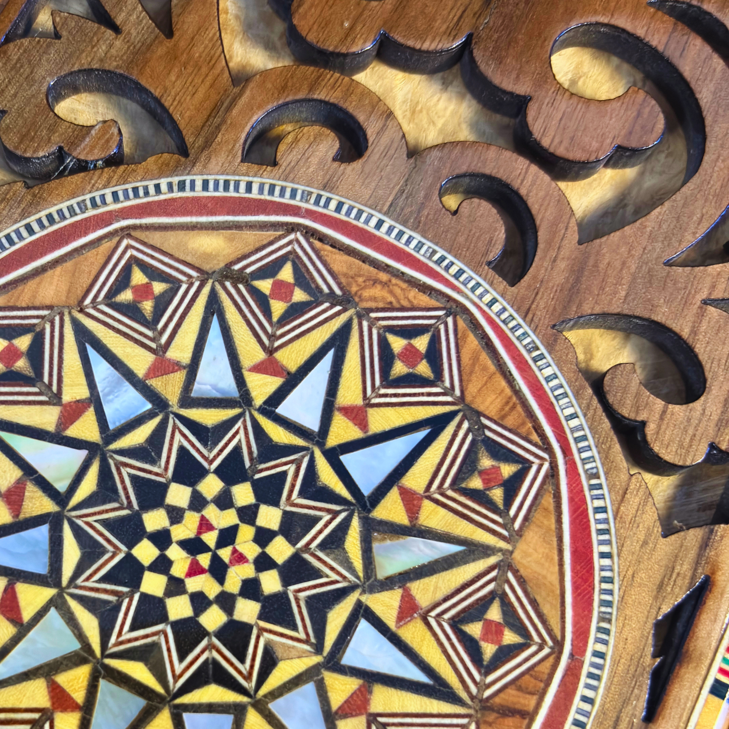 Handcrafted Damascene Mosaic Box – Mother of Pearl & Carved Elegance