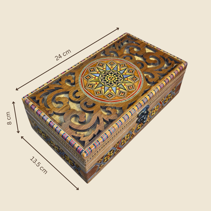 Handcrafted Damascene Mosaic Box – Mother of Pearl & Carved Elegance