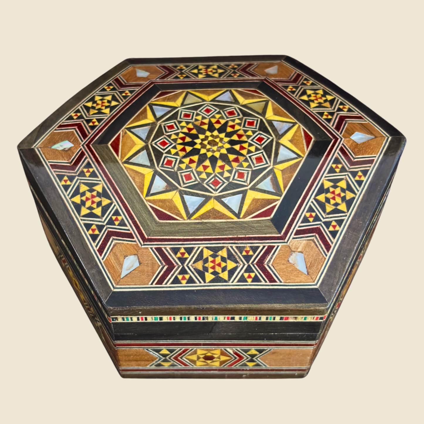 Handgemaakte Damascene Mozaïekdoos – Parelmoer & Fluweel