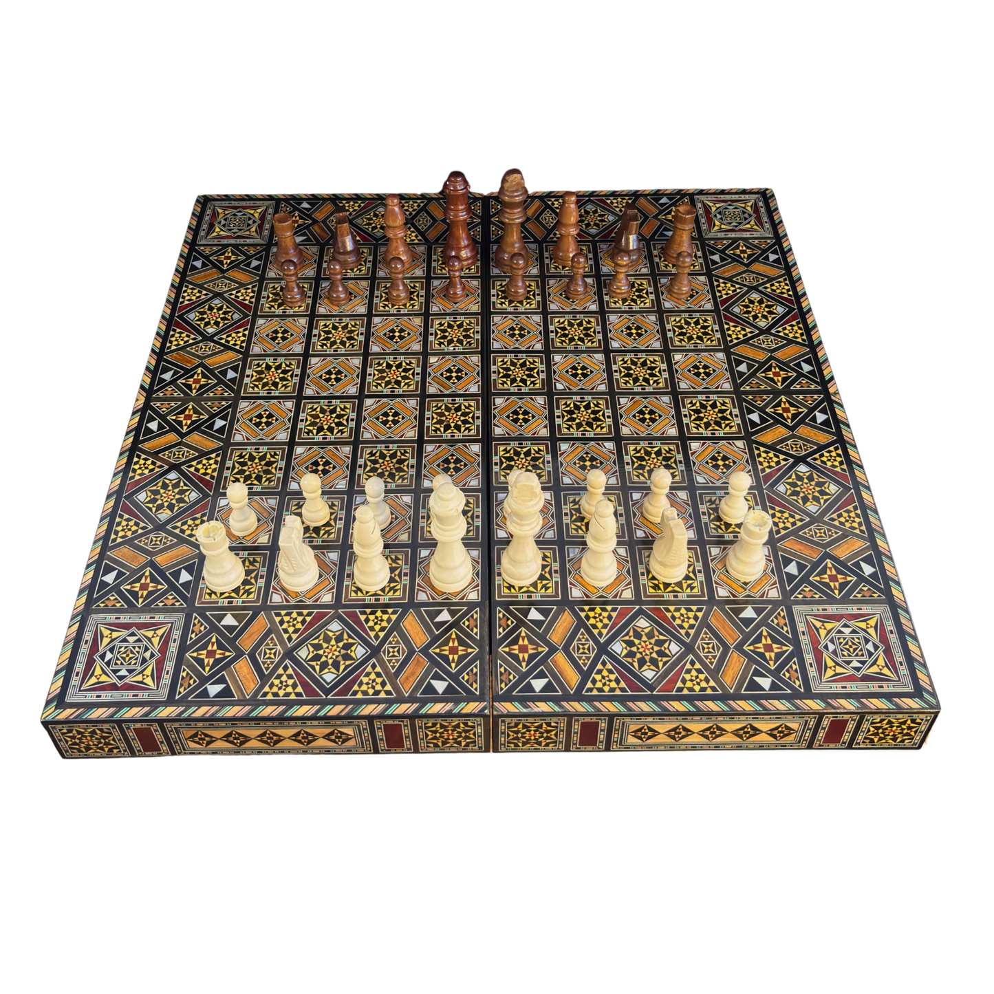 Luxuriöses Schach- & Backgammon-Set aus Damaskus – Mosaikkunst & Perlmutt